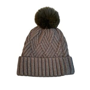 Mitchie's Knitted Beanie 20% angora/80% acrylic Dyed fox fur pom Brown Hat